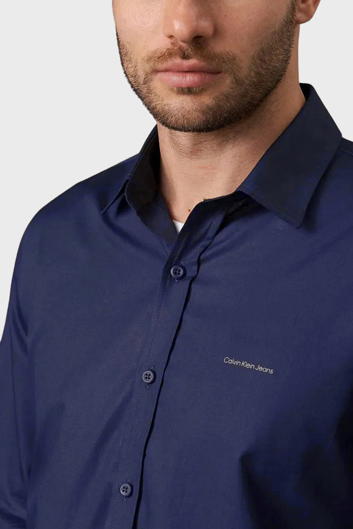 Camisa Calvin Klein Jeans Masculina Slim Fit Silk Lettering Azul Marinho