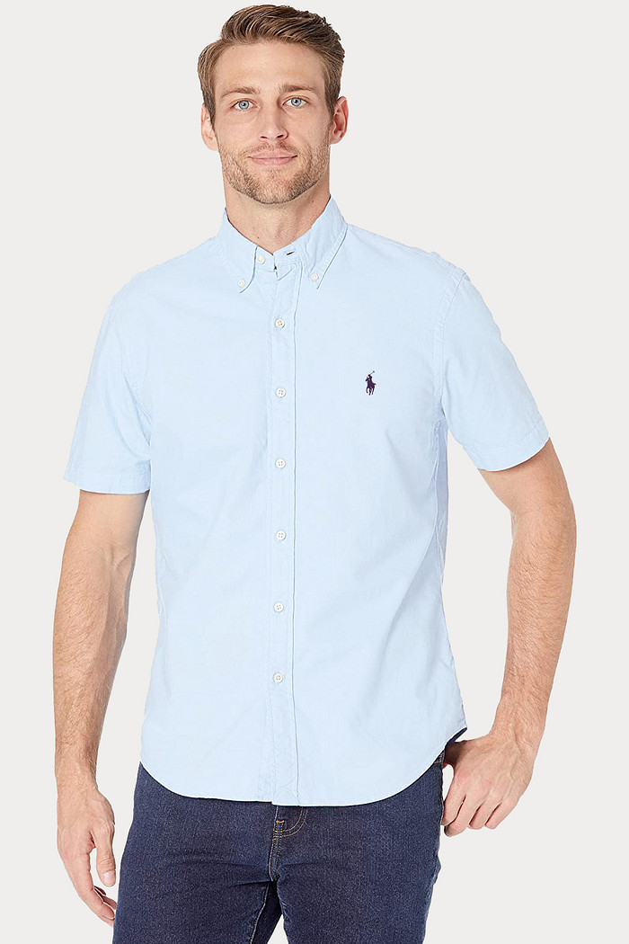 Camisa Ralph Lauren Manga Curta Navy Icon Cotton Oxford Azul Claro