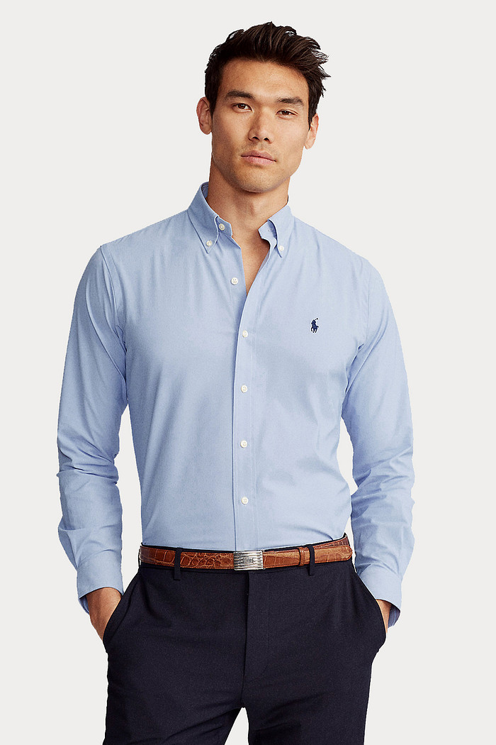 Camisa Ralph Lauren Custom Fit Navy Icon Tricoline Azul Claro