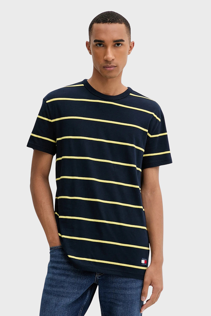 Camiseta Tommy Jeans Regular Reg Textured Stripe Badge Azul Marinho