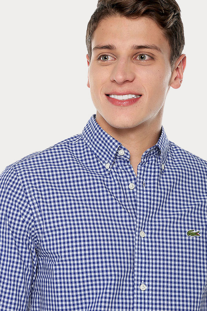 Camisa Lacoste Regular Fit Gingham Popeline Azul