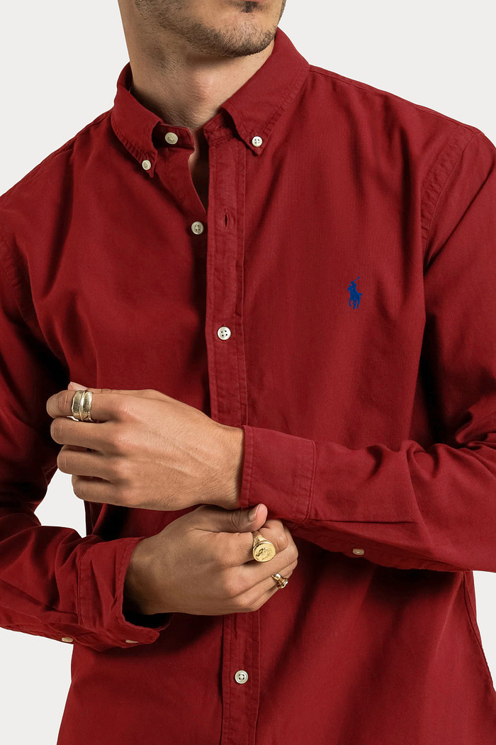 Camisa Ralph Lauren Custom Fit Blue Icon Tricoline Vermelho Escuro