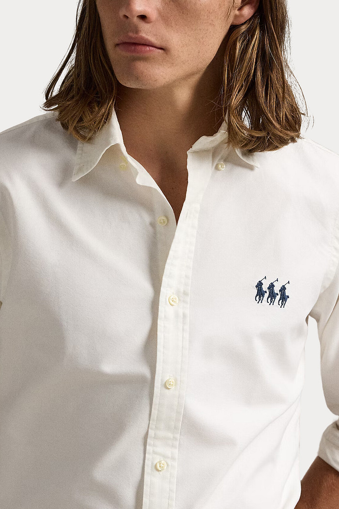Camisa Ralph Lauren em Sarja Custom Fit Navy Blue Icons Off White