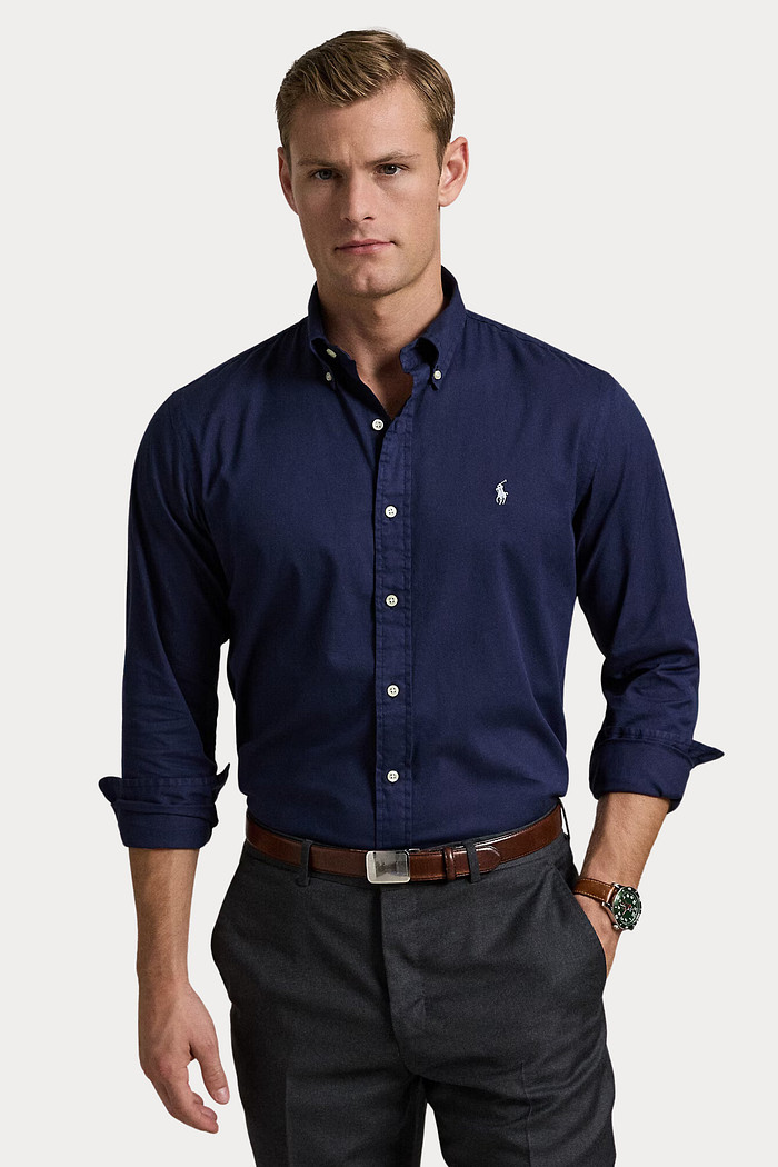 Camisa Ralph Lauren Custom Fit White Icon Oxford Azul Marinho