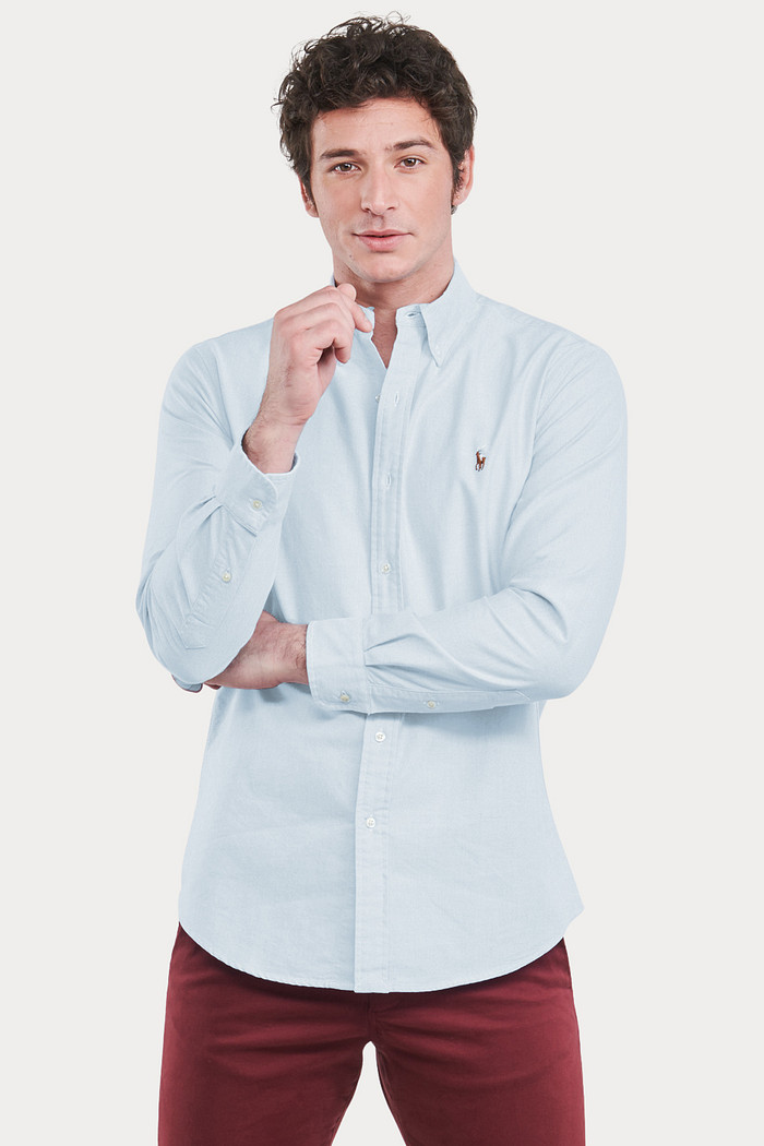 Camisa Ralph Lauren Custom FIt Colored Icon Tricoline Azul Claro