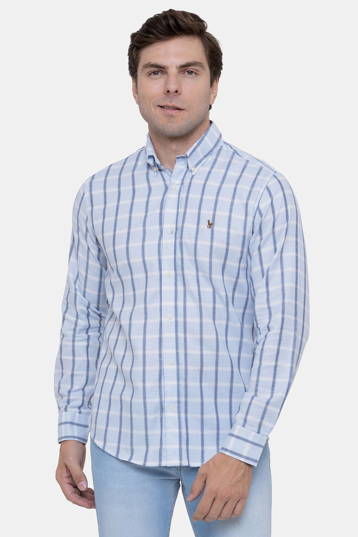 Camisa Ralph Lauren Custom Fit Masculina Icon Colored Xadrez Oxfordini Azul Claro