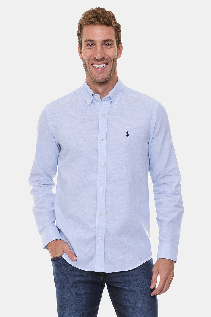 Camisa Ralph Lauren Custom Fit Navy Icon Linho Mescla Azul Claro
