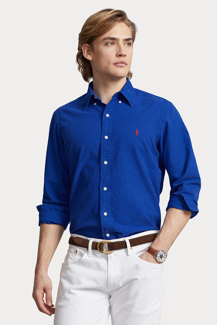 Camisa Ralph Lauren Custom Fit Red Icon Cotton Oxford Azul
