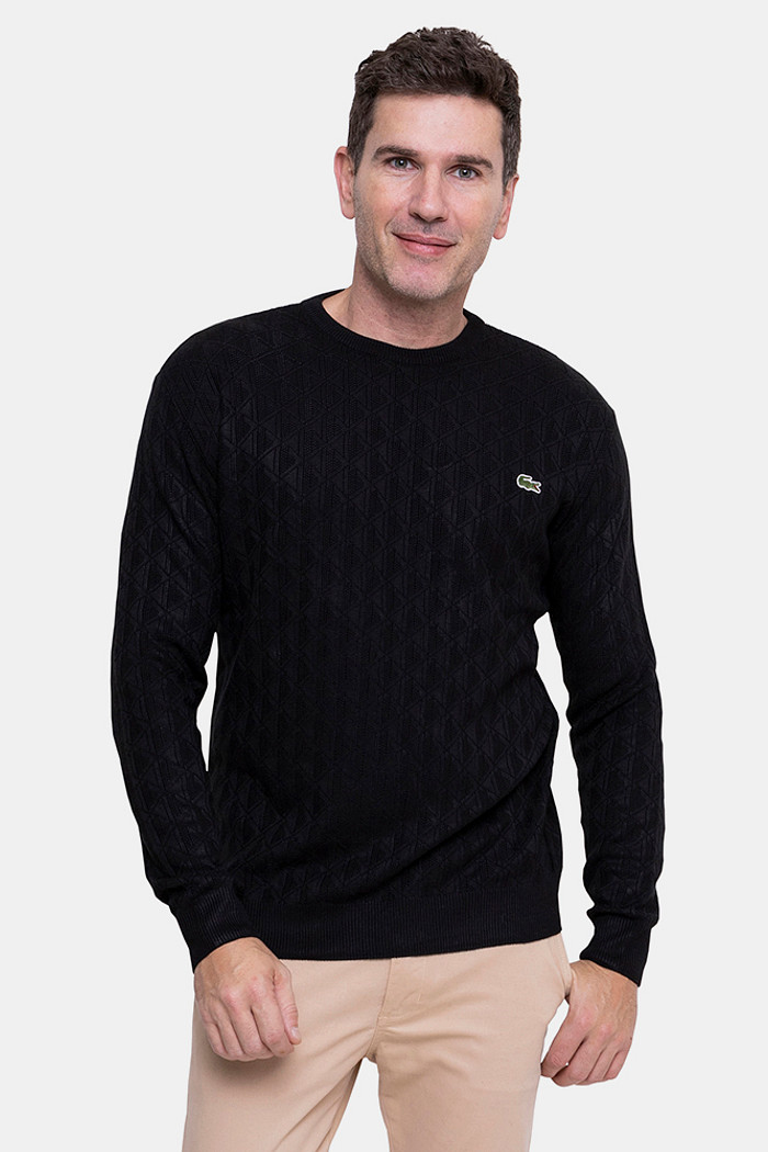 Suéter Tricot Lacoste Masculino Regular Fit Gola Redonda Preto