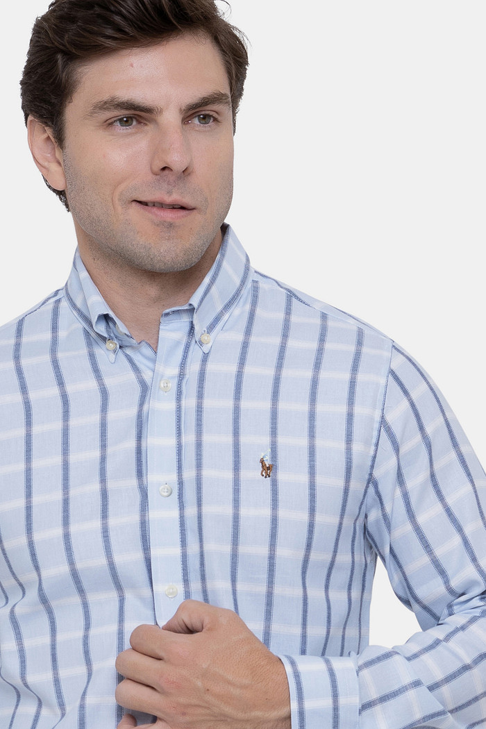 Camisa Ralph Lauren Custom Fit Masculina Icon Colored Xadrez Oxfordini Azul Claro