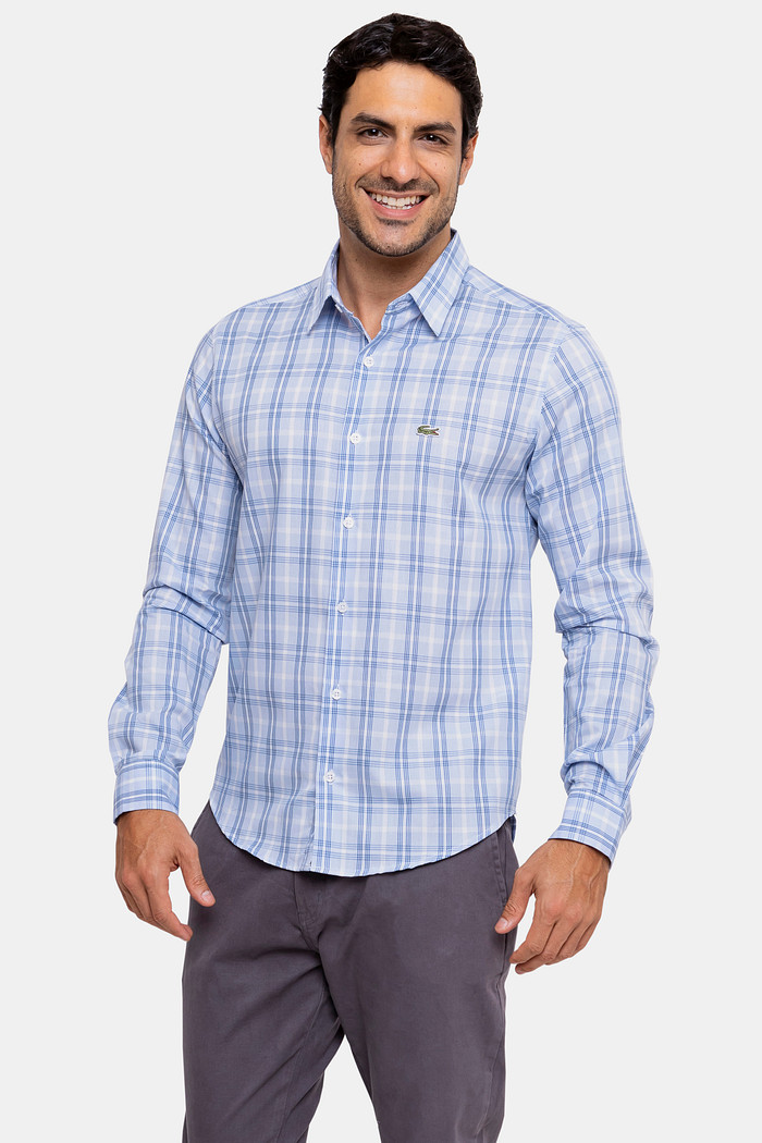 Camisa Lacoste Masculina Regular Fit Xadrez Galles Azul Claro