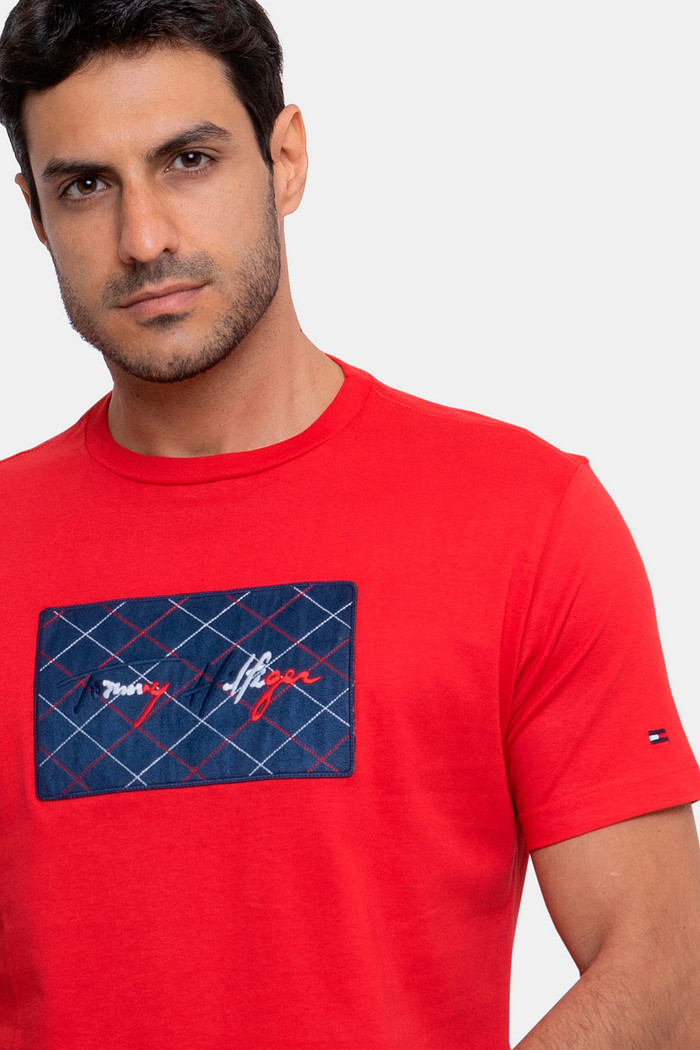 Camiseta Tommy Hilfiger Masculina Check Carpet Lettering Vermelha