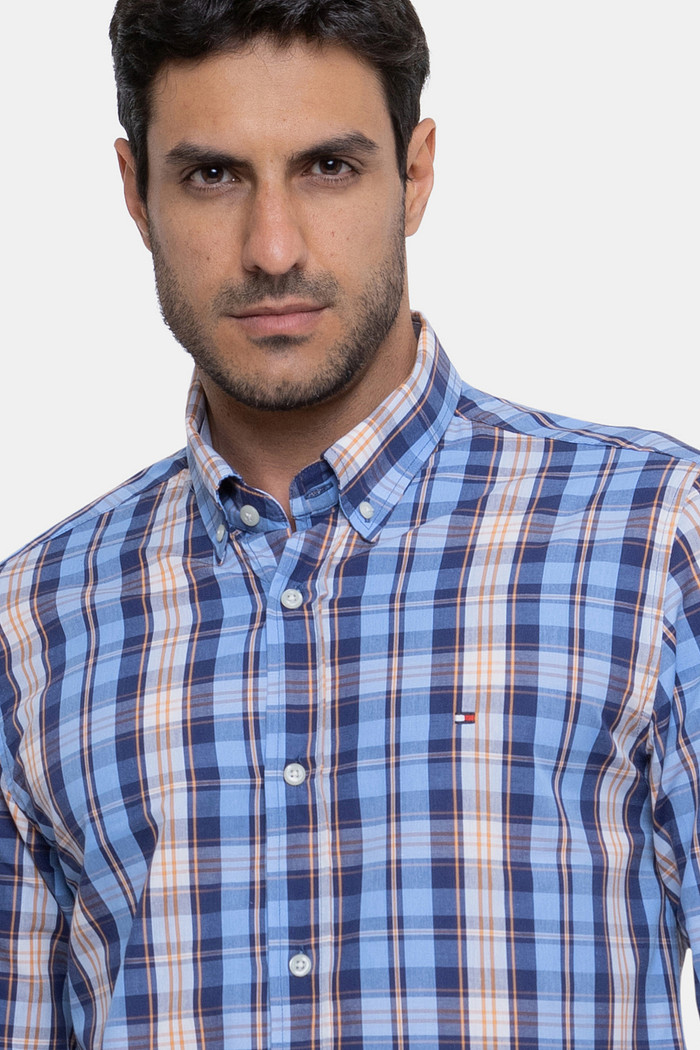 Camisa Tommy Hilfiger Regular Fit Xadrez Tartan Azul Claro