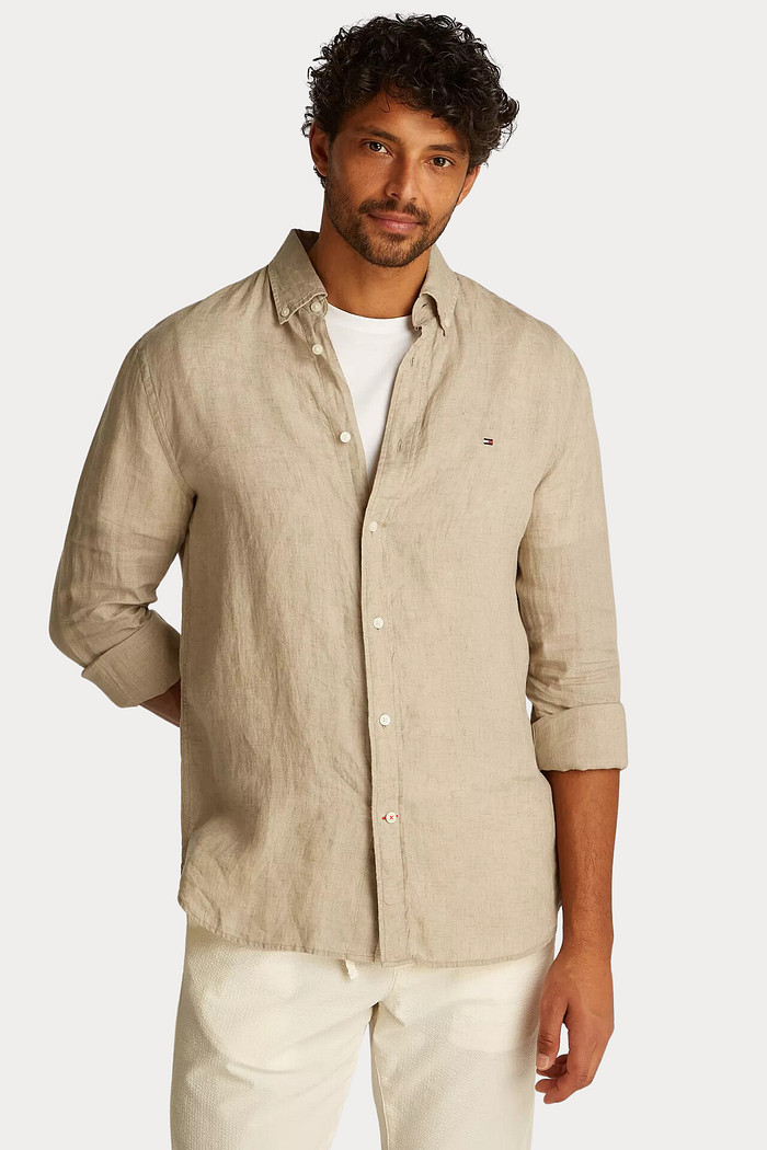 Camisa Tommy Hilfiger Regular Fit Masculina Linho Blend Natural Bege