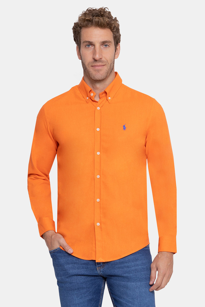 Camisa Ralph Lauren Custom Fit Linho Blue Icon Laranja
