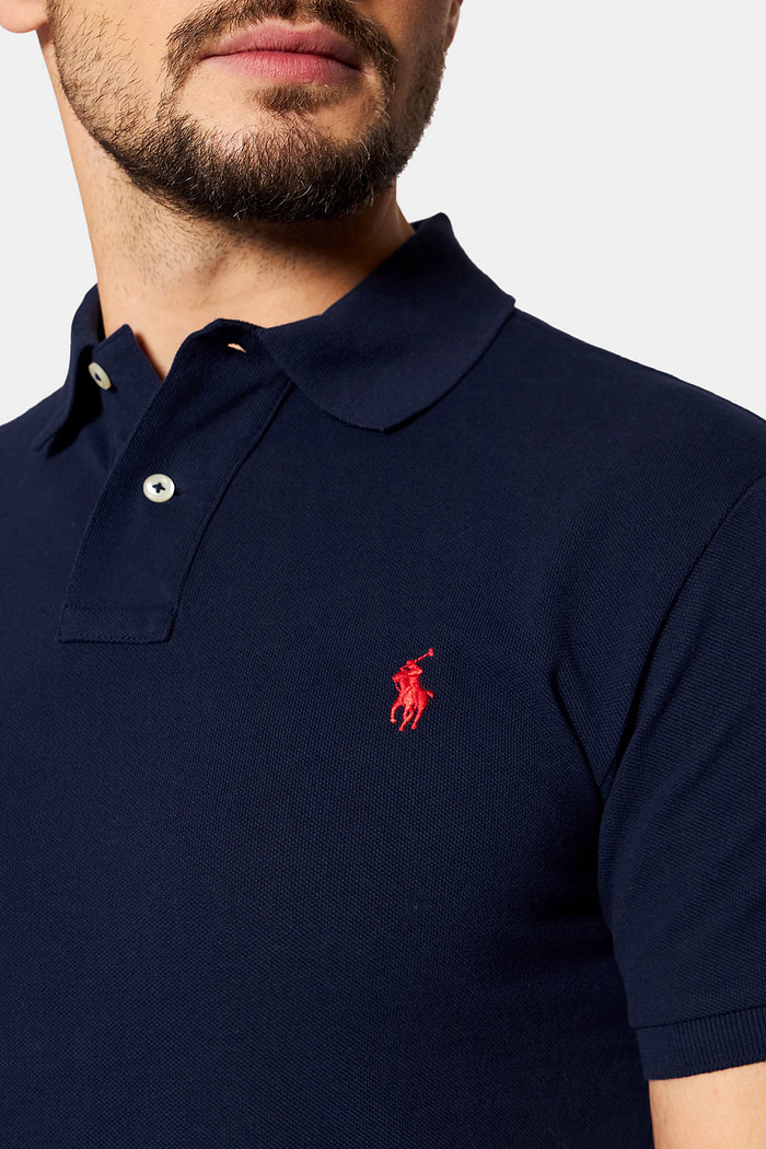 Camisa Polo Ralph Lauren Custom Slim Fit Red Icon Azul Marinho