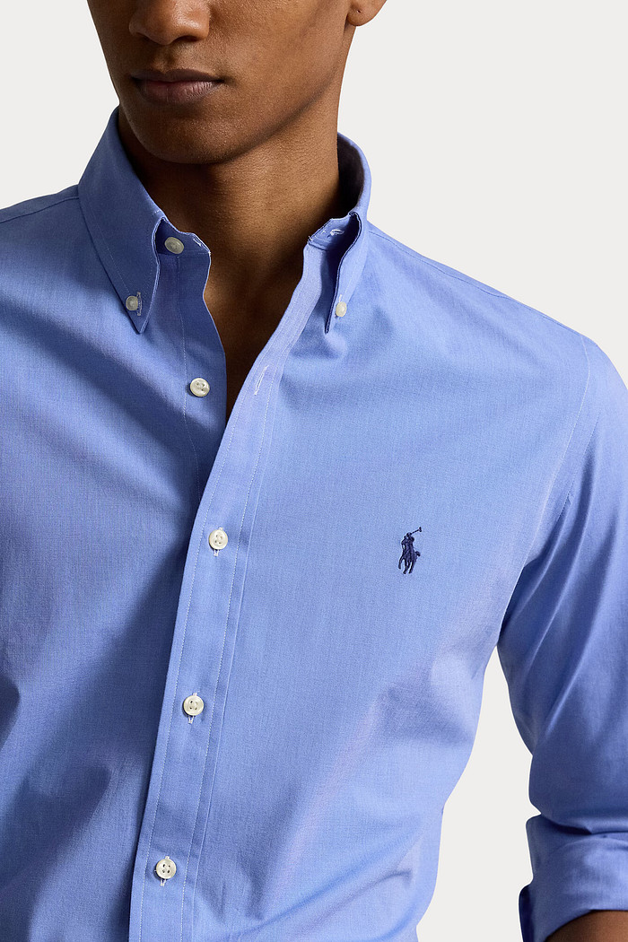 Camisa Ralph Lauren Custom Fit Navy Blue Icon Tricoline Azul Céu