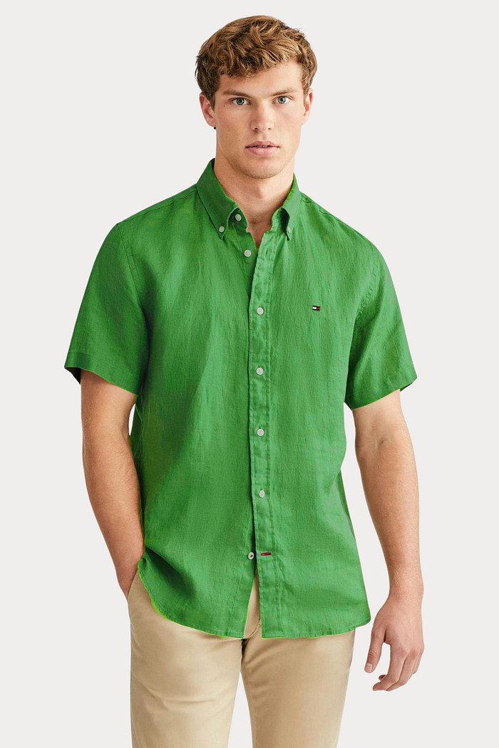 Camisa Tommy Hilfiger Manga Curta Masculina Regular Linho Blend Verde