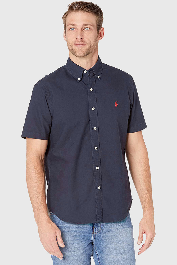 Camisa Ralph Lauren Manga Curta Red Icon Cotton Oxford Azul Marinho