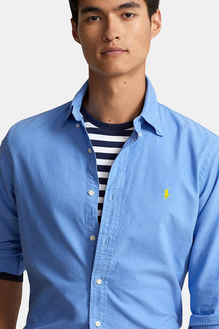 Camisa Ralph Lauren Custom Fit Yellow Logo Oxford Azul Claro