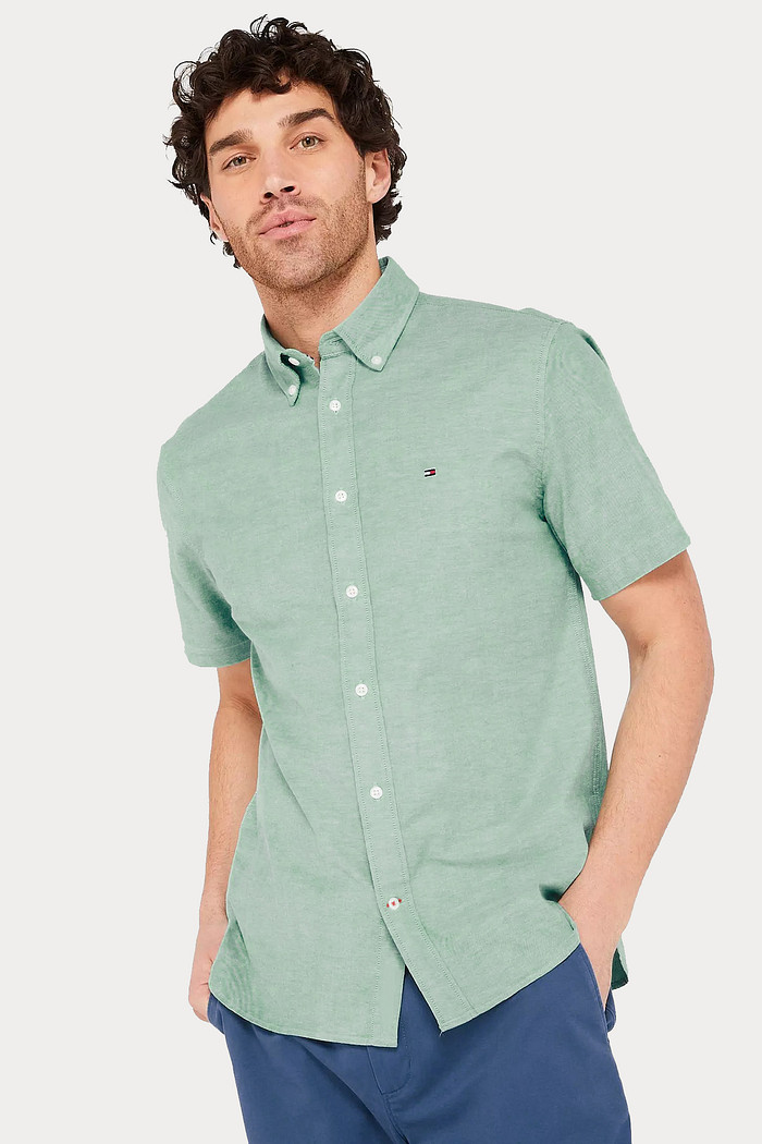 Camisa Tommy Hilfiger Manga Curta Regular Fit Oxford Verde Claro