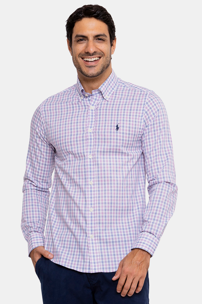 Camisa Ralph Lauren Custom Fit Tricoline Xadrez Marinho e Bordô