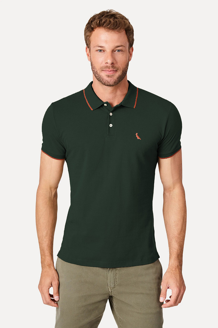 Camisa Polo Reserva Slim Enxuto Friso Único Verde Escuro