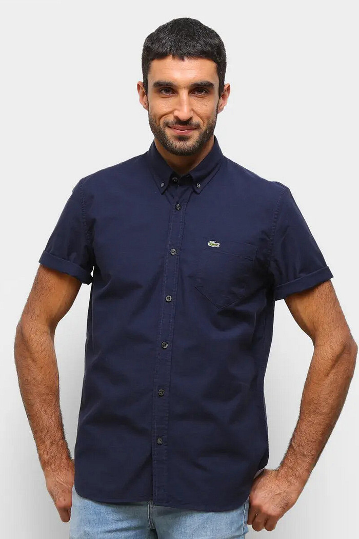 Camisa Lacoste Manga Curta Regular Pocket Oxford Azul Marinho