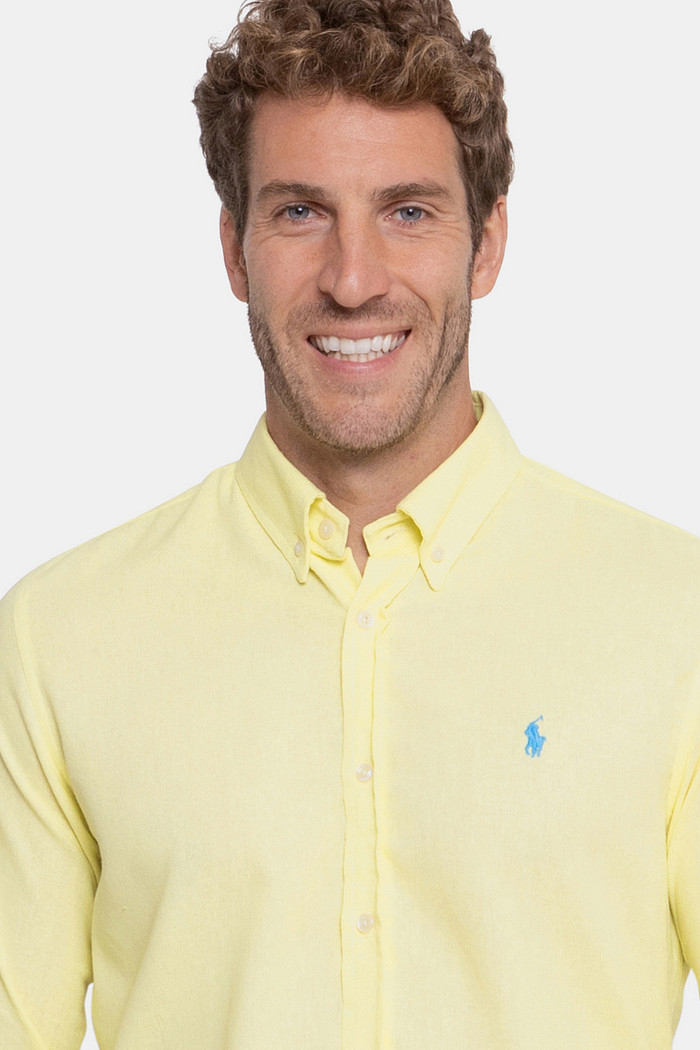 Camisa Ralph Lauren Custom Fit Linho Blue Icon Amarelo Claro