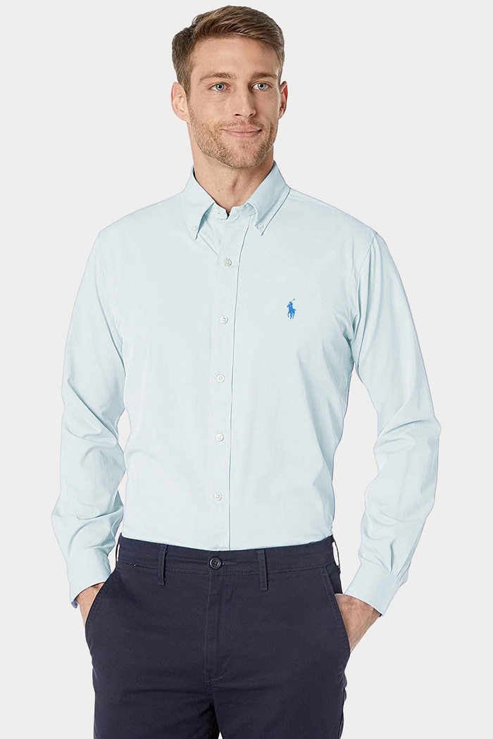 Camisa Ralph Lauren Custom FIt Ligth Blue Icon Tricoline Azul Claro