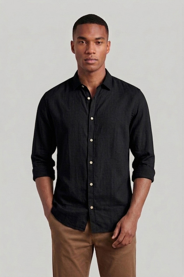 amisa Reserva ML Masculina Regular Como Linho Mescla Preta Frente