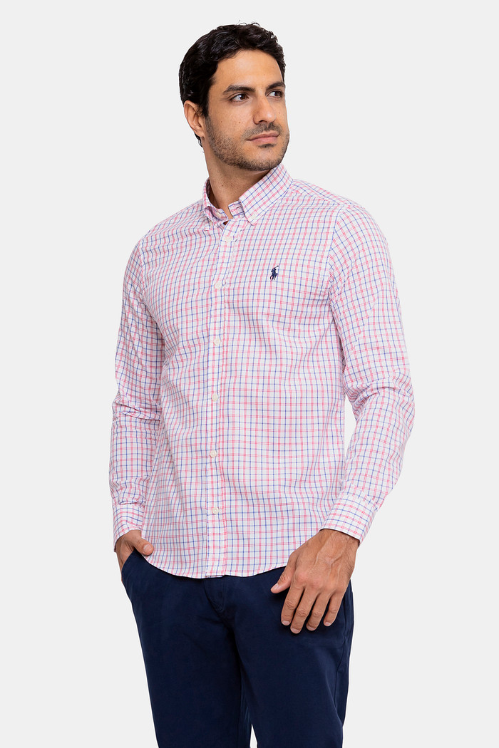 Camisa Ralph Lauren Custom Fit Navy Icon Tricoline Xadrez Branca
