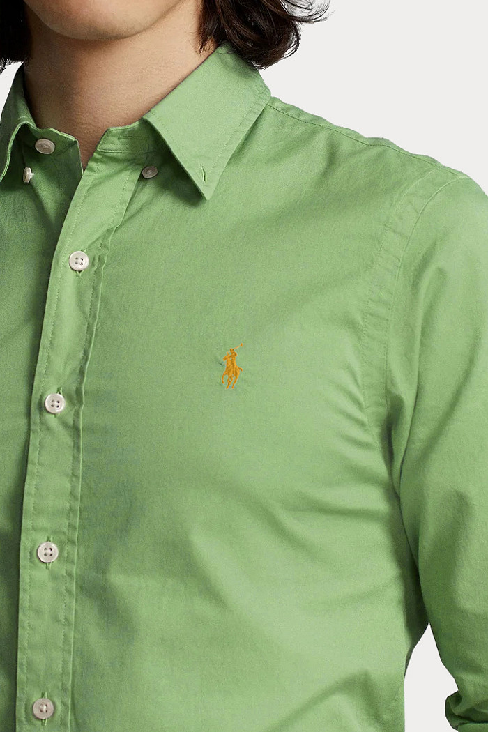 Camisa Ralph Lauren Custom Fit Ocre Icon Tricoline Verde Claro
