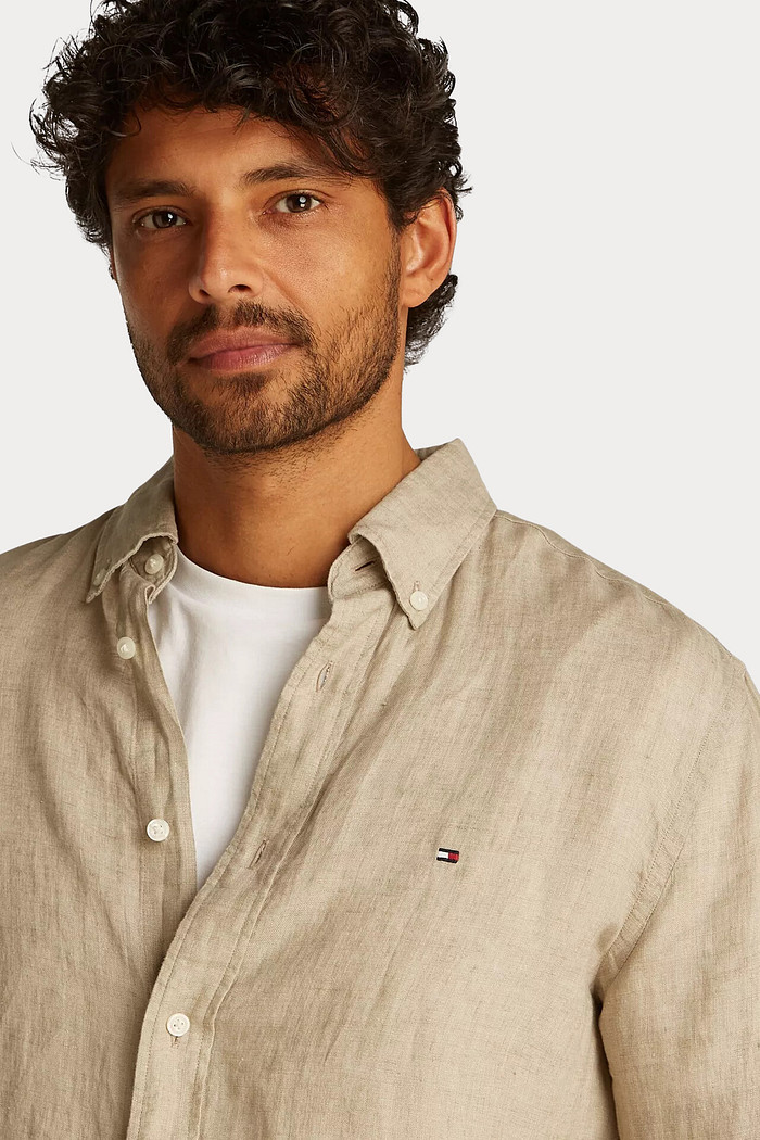 Camisa Tommy Hilfiger Regular Fit Masculina Linho Blend Natural Bege
