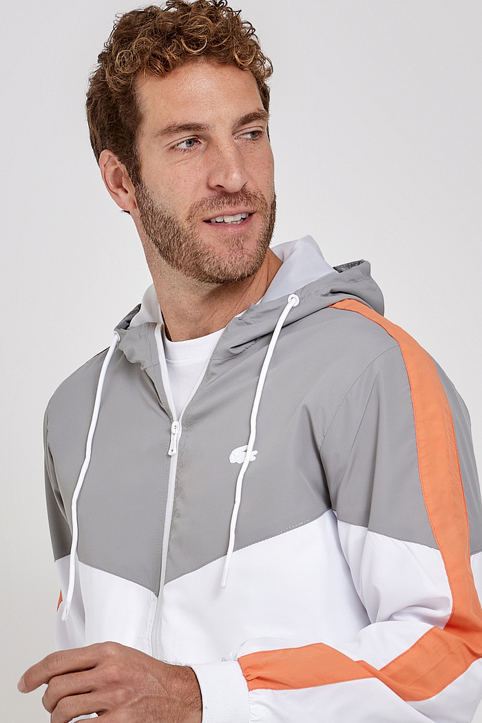 Jaqueta Lacoste Masculina Corta Vento Hood Recortes Cinza