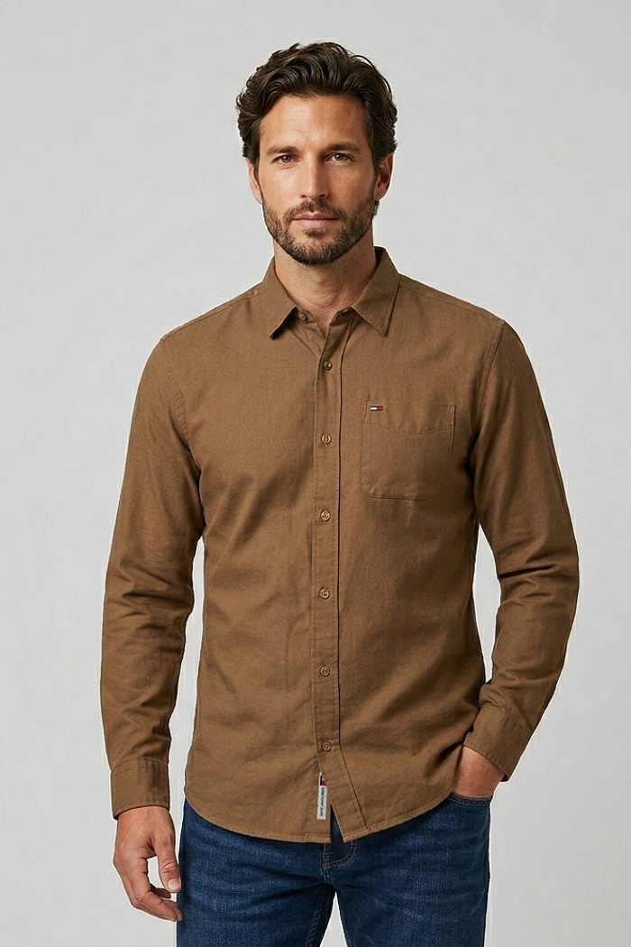 amisa Tommy Jeans Masculina Regular Flannel Shirt Pocket Marrom Frente