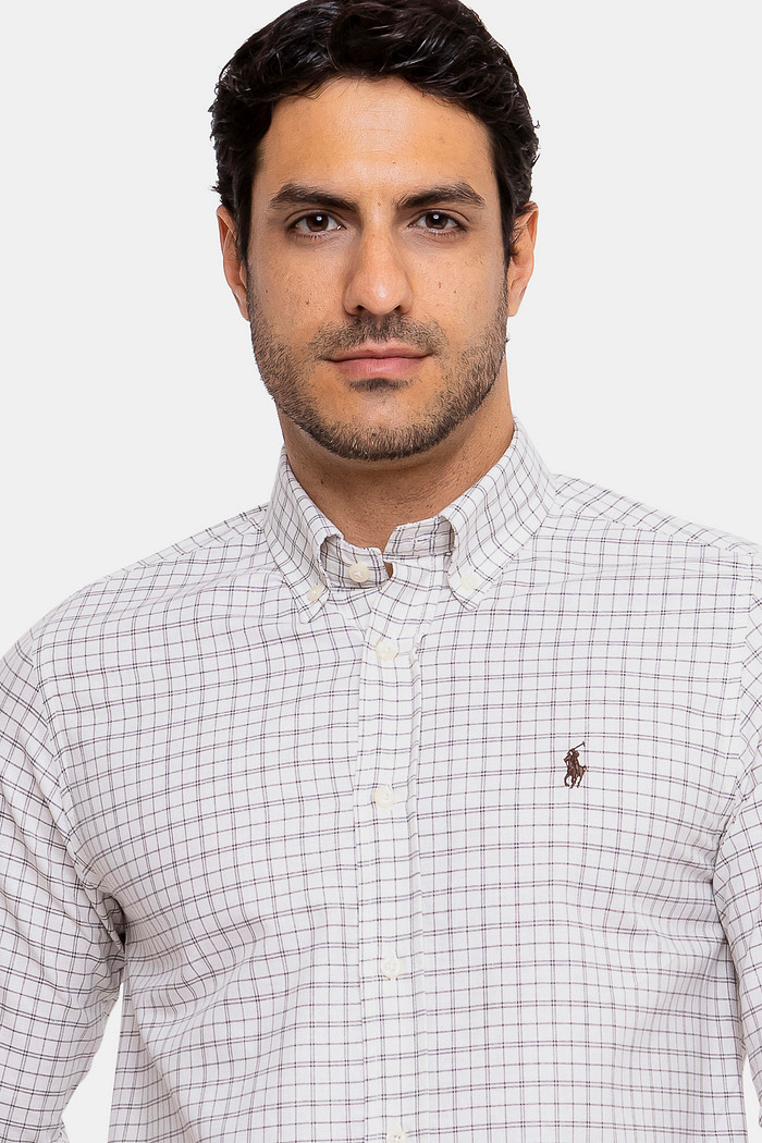 Camisa Ralph Lauren Custom Fit Cotton Oxford Xadrez Off White