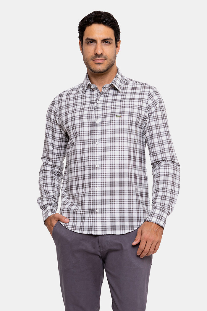 Camisa Lacoste Masculina Regular Fit Xadrez Branca