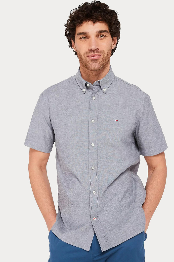 Camisa Tommy Hilfiger Manga Curta Regular Fit Oxford Cinza Claro