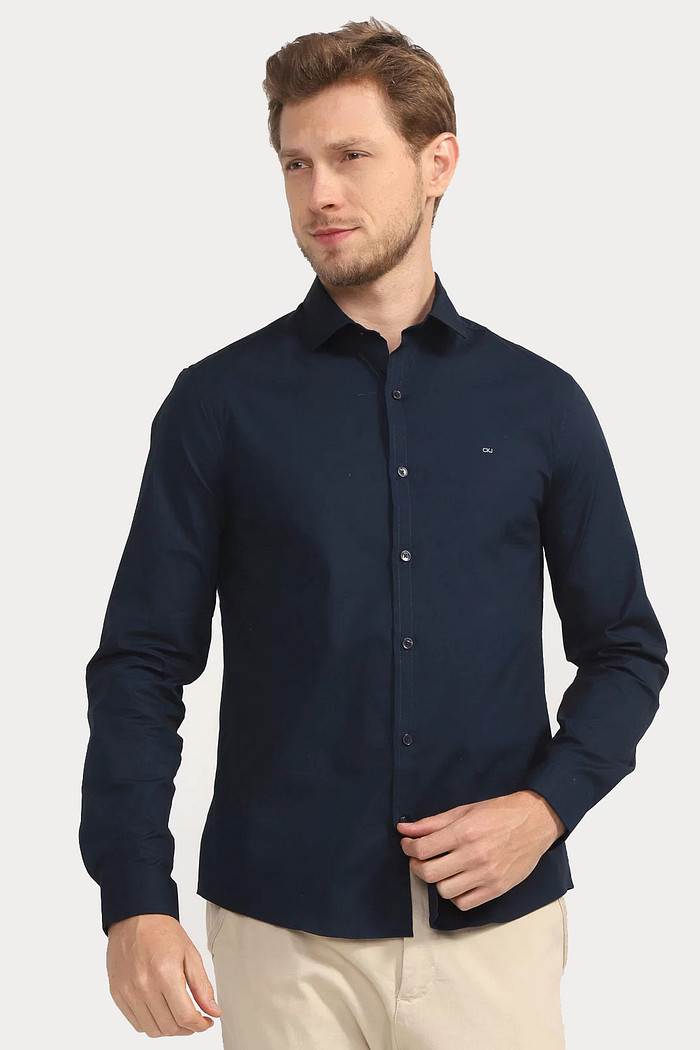 Camisa Calvin Klein Jeans Slim Fit Logo CKJ Oxford Strech Azul Marinho