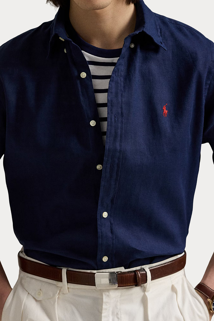 Camisa Ralph Lauren Masculina Custom Fit Red Icon Linho Azul Marinho