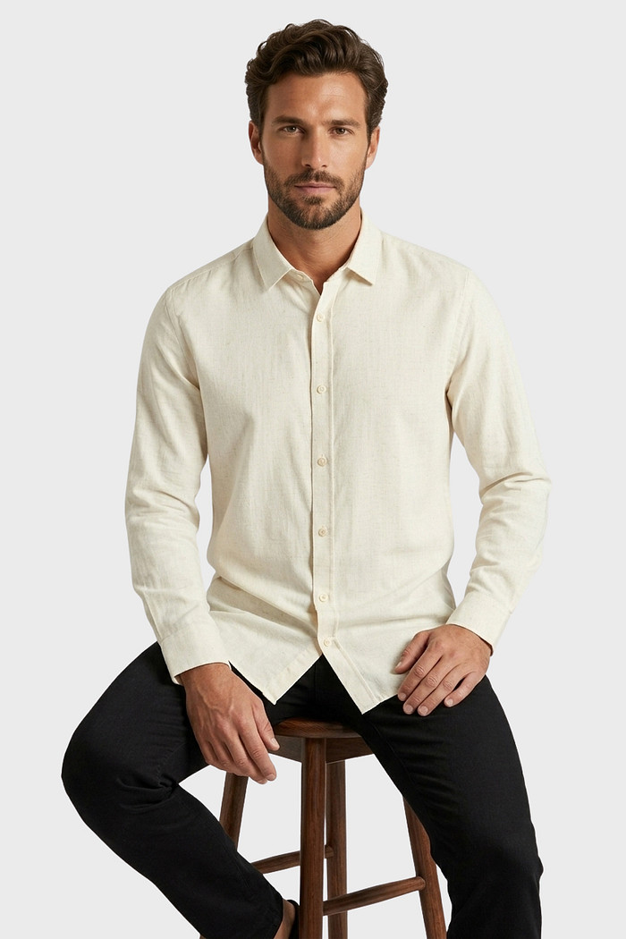 Camisa Reserva ML Masculina Como Linho Mescla Bege Natural