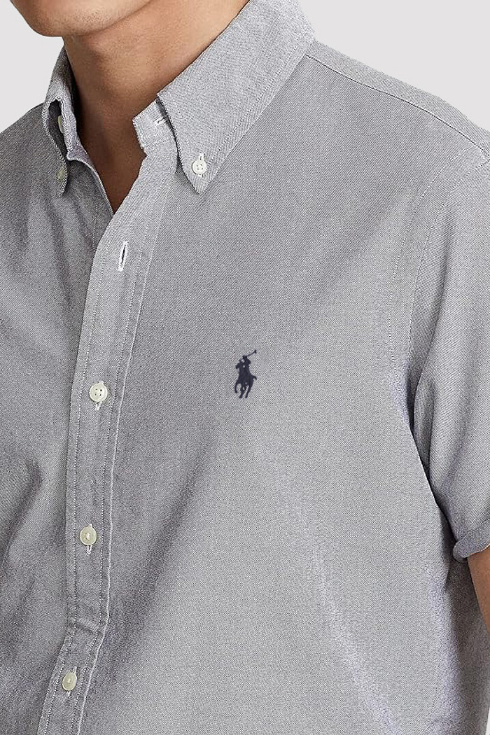 Camisa Ralph Lauren Manga Curta Navy Icon Cotton Oxford Cinza