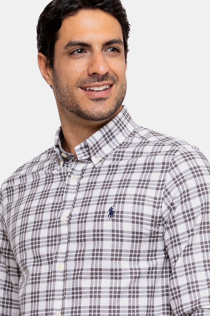 Camisa Ralph Lauren Custom Fit Tricoline Navy Icon Xadrez Branca