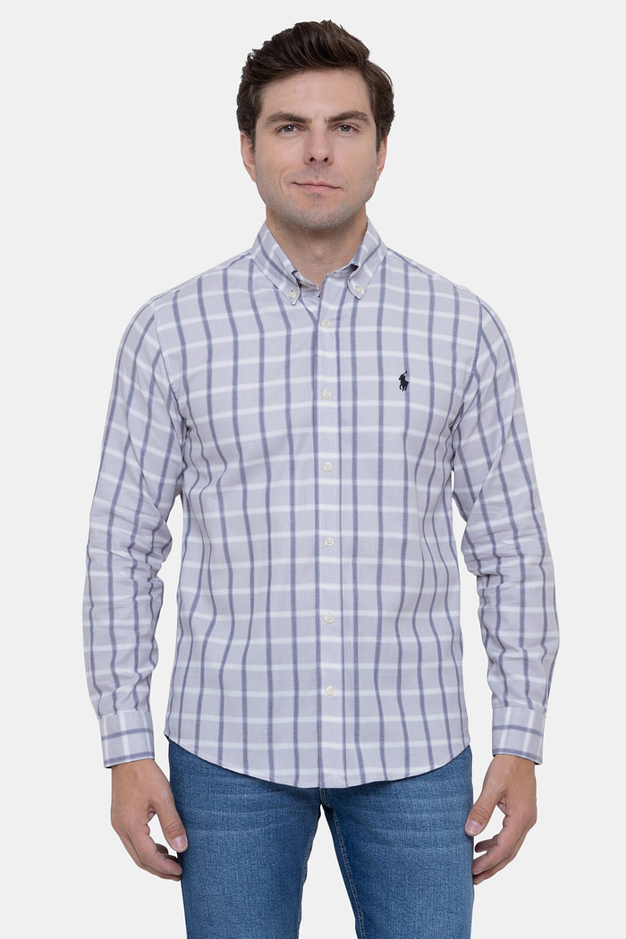 Camisa Ralph Lauren Custom Fit Black Icon Xadrez Oxfordini Cinza Claro