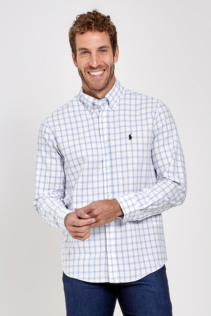 Camisa Ralph lauren Custom Fit Navy Icon Xadrez Cotton Oxford Branca