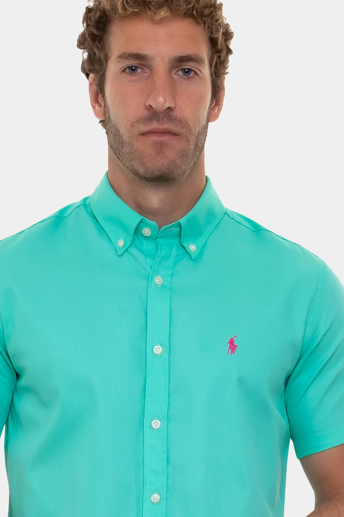 Camisa Ralph Lauren Manga Curta Custom Fit Pink Icon Tricoline Verde