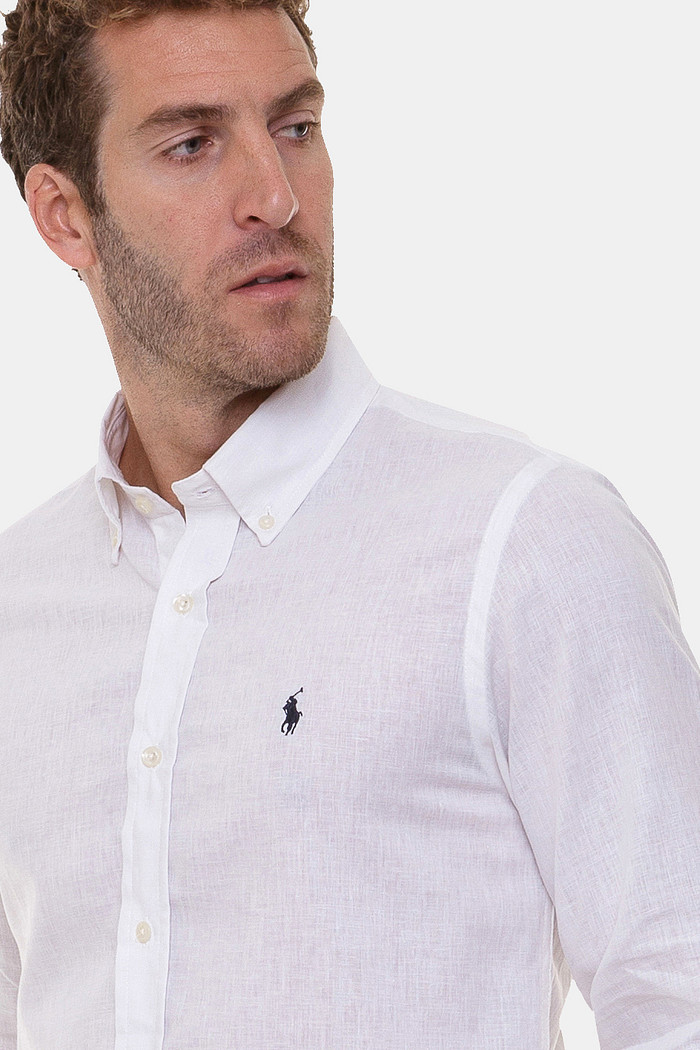Camisa Ralph Lauren Custom Fit Navy Icon Linho Mescla Branca