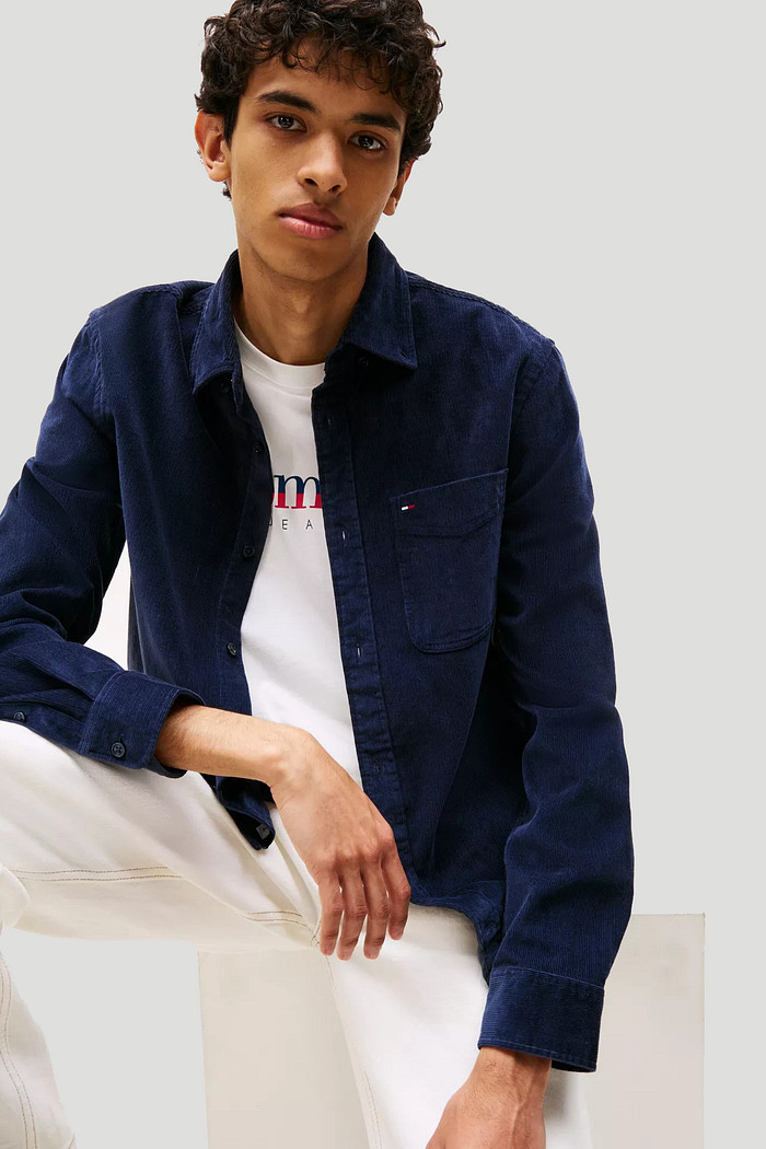 Camisa Tommy Jeans Masculina Regular Cotelê Baby Cord Shirt Azul Marinho