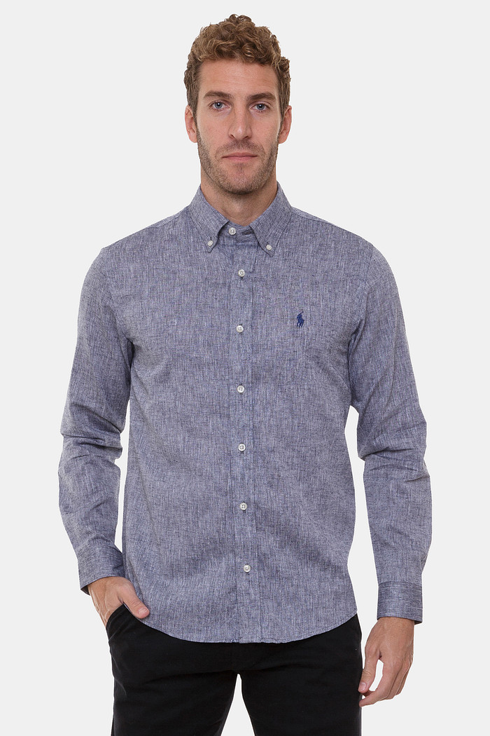 Camisa Ralph Lauren Custom Fit Navy Icon Linho Mescla Cinza